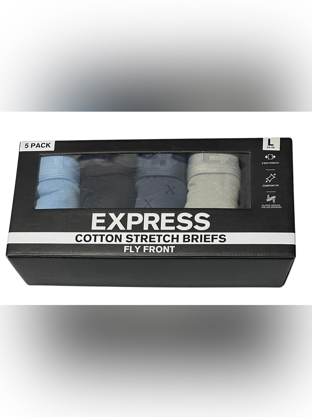 Express 5 Men's Cotton Stretch Fly Front Briefs Large (36-38) Blue/Silver/Black